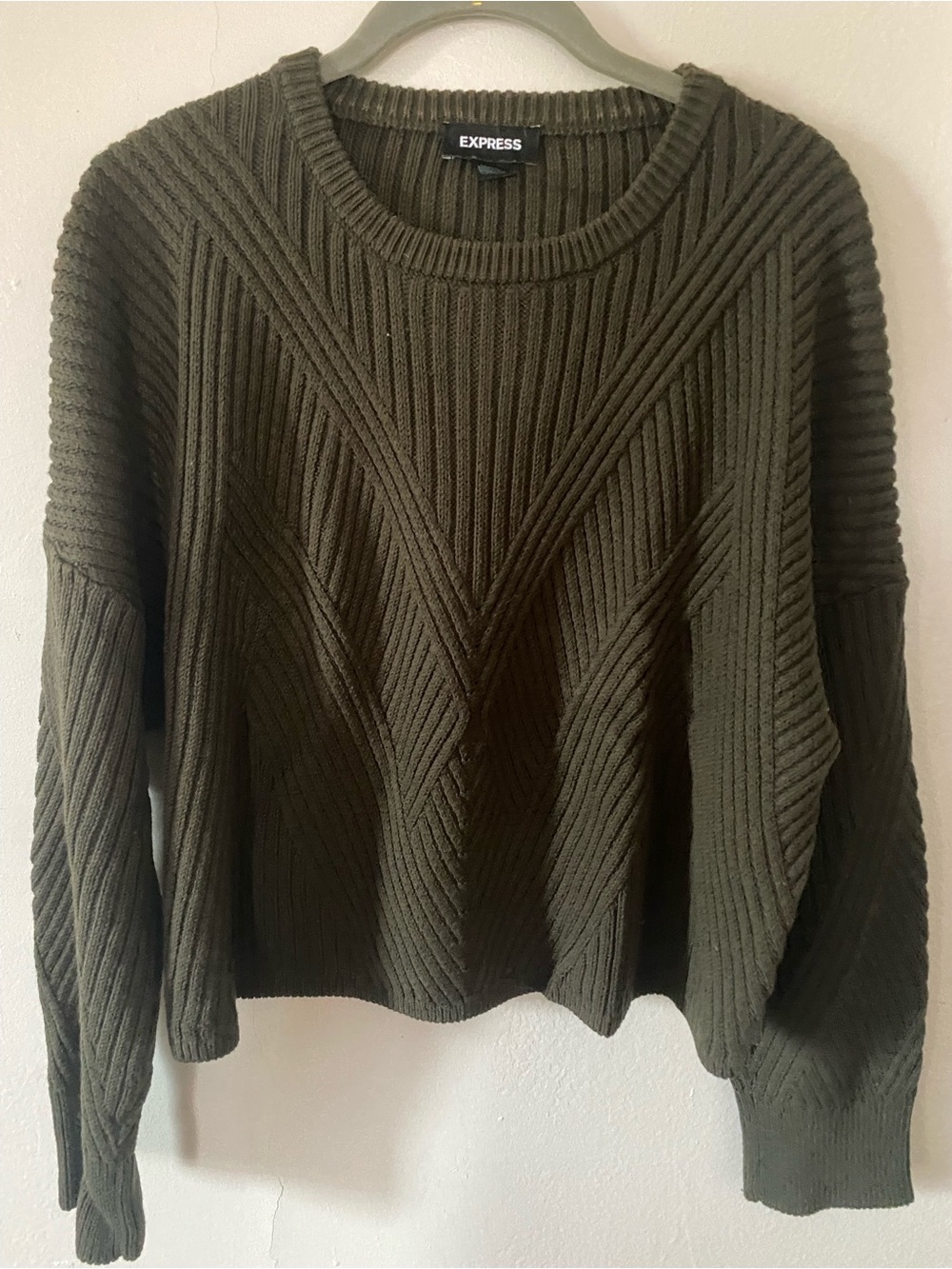 Express Olive Green Ribbed Chevron Crewneck Sweater